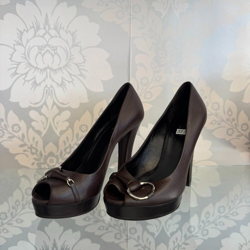 Gucci Brown Leather Heel with Silver Hardware - Size 37.5